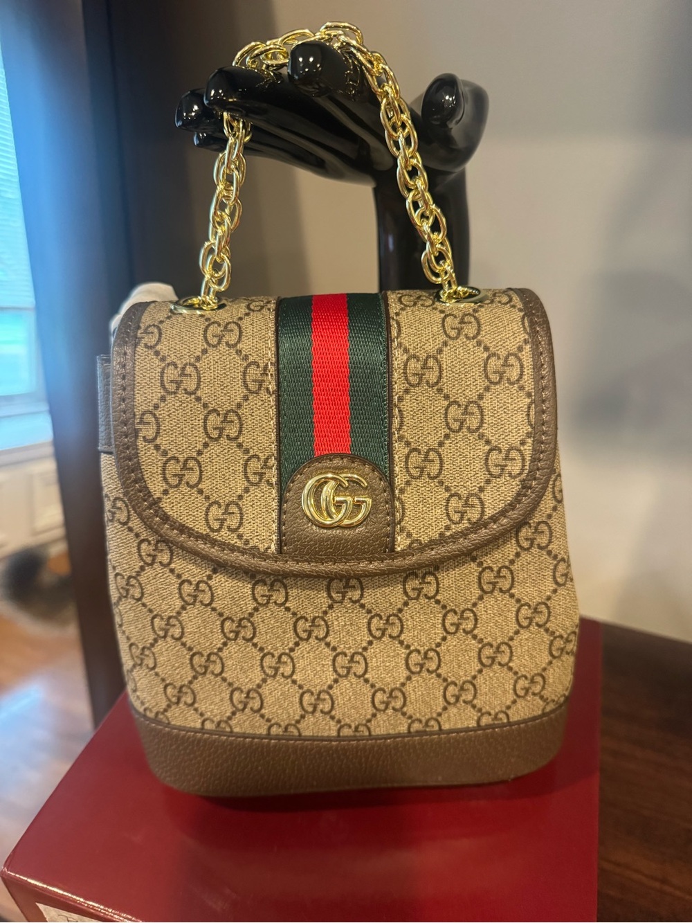 Beige G Mini Bag with Green-Red Web and Gold Chain